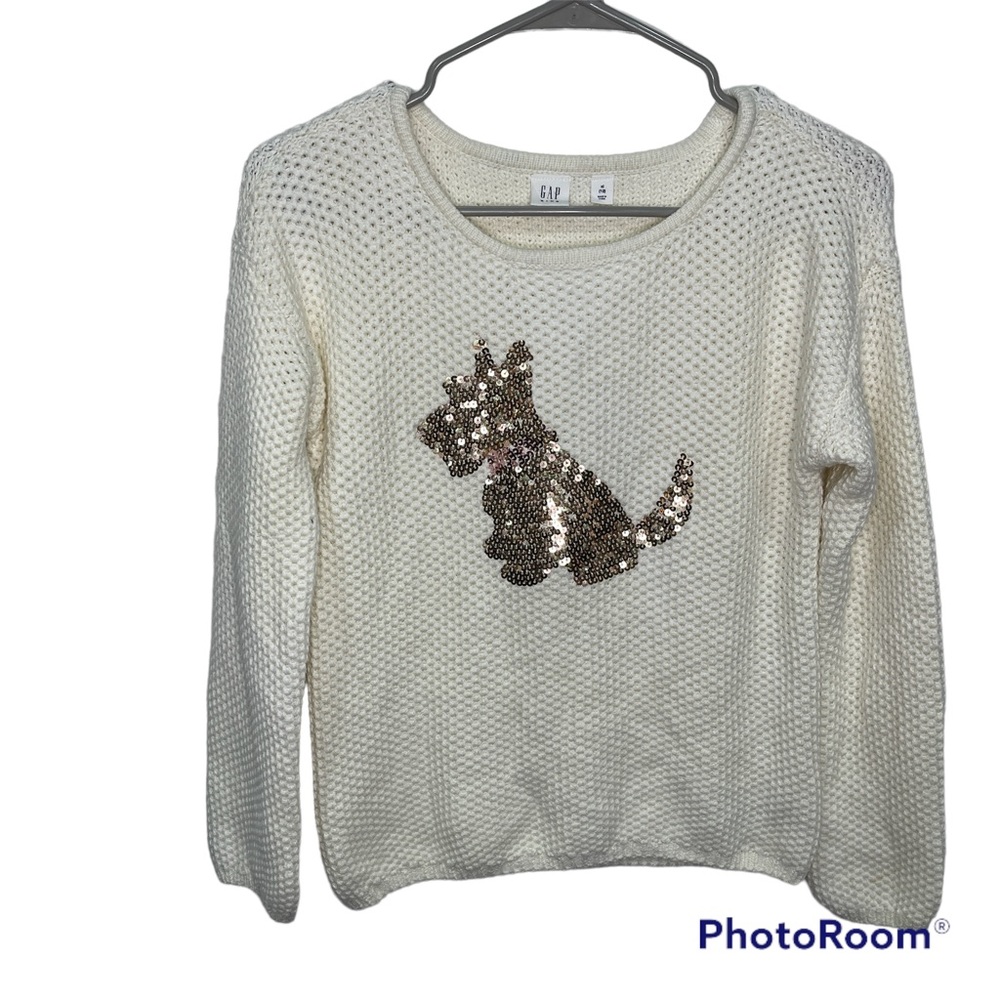 Gap Sweater Girls XL (12) Ivory Dog  Sequin cable Knit Kids Top Casual